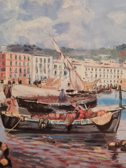 Картина винтажная "Лодки у причала" в раме, масло, 50,5 x 37 см, Германия, 1960-70гг.