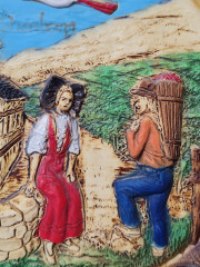 Тарелка декоративная винтажная Depose "Сельская жизнь", резьба по дереву, 24 см, Германия, 1960-70гг.