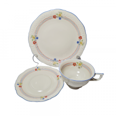 Elfenbein Bavaria Винтажное чайное трио "Цветы" с фактурным узором и голубым ободком, Германия 1960-70гг.