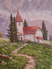 Картина винтажная "Горный пейзаж с домиком", 66 x 46,5 см, Германия, 1960-70гг.