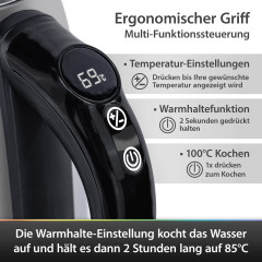 T24 T24 Wasserkocher Edelstahl Wasserkocher mit LED, LCD-Display, 40°-100°Warmhaltefunktion, 1.7 l, 2200 W Чайник T24 Чайник из нержавеющей стали со светодиодной подсветкой, ЖК-дисплеем, функцией поддержания тепла 40°-100°, 1,7 л, 2200 Вт
