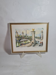 Картина винтажная "Мост Александра III и Эйфелева башня", худ.Marivo Girard, 32.5 х 26.5 см, Германия, 1970-80гг.