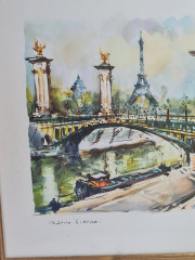 Картина винтажная "Мост Александра III и Эйфелева башня", худ.Marivo Girard, 32.5 х 26.5 см, Германия, 1970-80гг.