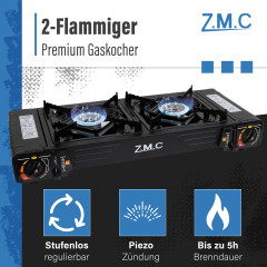 ZMC ZMC Gaskocher PREMIUM 2 flammig Campingkocher Gaskocher Grillplatte+16x Gaskartusche, (Grill Platte Tischgrill Doppel Gasbrenner Gasgrill Kochfeld mit Piezozundung Warmeleistung: 2,0KW), Butan Gas 227g Gaskocher Outdoor Camping Gas Kocher Herd Butanga