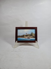 Картина винтажная Im Stil C.Stenton "Пейзаж с лодкой и маяком", деревянная рама, 17 х 12 см, Германия, 1960-70гг.