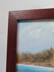 Картина винтажная Im Stil C.Stenton "Пейзаж с лодкой и маяком", деревянная рама, 17 х 12 см, Германия, 1960-70гг.