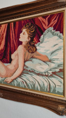 Картина винтажная "Обнаженная дама", вышивка, в раме, 128 х 68 см, Германия, 1960-70гг.