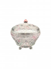 Конфетница винтажная Walther Glas с розовым декором в виде цветов и бантов, хрусталь, 14.5 х 13 см, Германия, 1970-80гг.