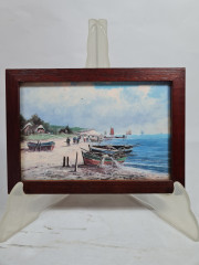 Картина винтажная Im Stil C.Stenton "Пляж Сент-адрес Клода Моне", деревянная рама, 17 х 12 см, Германия, 1960-70гг.