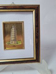 Картина винтажная с позолоченным изображением Пизанской башни, фольга / дерев.рама, 16 х 14 см, Германия, 1960-70гг.