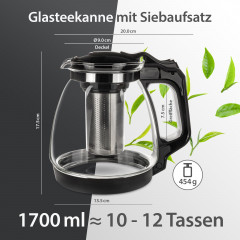 T24 T24 Wasserkocher Glasteekanne mit Edelstahl Teesieb Uberhitzungsschutz, 1700 ml, 1700 ml Чайник T24 стеклянный заварочный чайник с ситечком из нержавеющей стали с защитой от перегрева, 1700 мл, 1700 мл