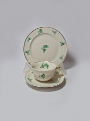 Zeh Scherzer Bavaria Винтажное чайное трио "Зеленые цветы" с позолоченным ободком, Германия, 1960-70гг.