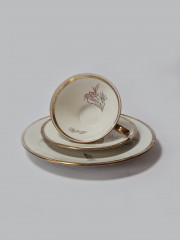 Seltmann Weiden Bavaria Стильное чайное трио "Серо-розовые цветы" с позолоченным ободком, Германия, 1960-70гг.