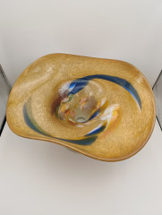 Фруктовница на ножке в бежево-синих тонах Joska Glas винтажная, стекло, 26 см, Германия, 1960-80гг.