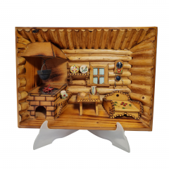 Панно-румбокс винтажное объемное "Комната в бревенчатой хате", Сувенир Скава, дерево, детализация, 27.5 х 21 х 5.5 см, Польша, 1980-90гг.