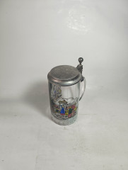 Немецкая пивная кружка винтажная BMF Germany с изображением деревенского сюжета, с крышкой, стекло/ олово, 0.5 л, 19 см, Германия, 1960-70гг.