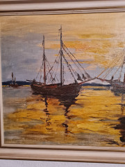 Картина винтажная "Корабли в море на закате", масло, в раме, большой формат, 66 х 45 см, Германия, 1980-90гг.